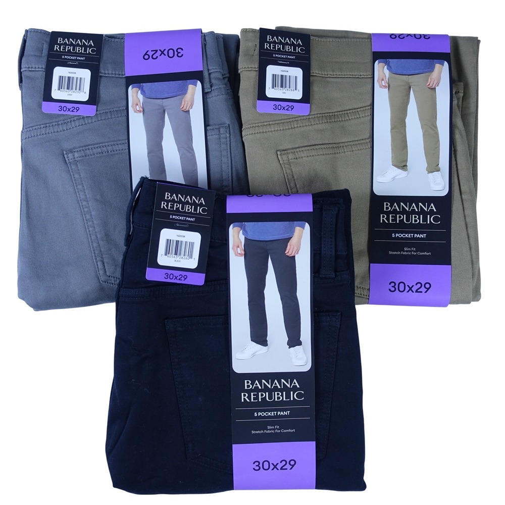 Banana Republic 5 Pocket Pant Slim Fit Stretch Men 30x29 Gray Black Tan 3 Pack